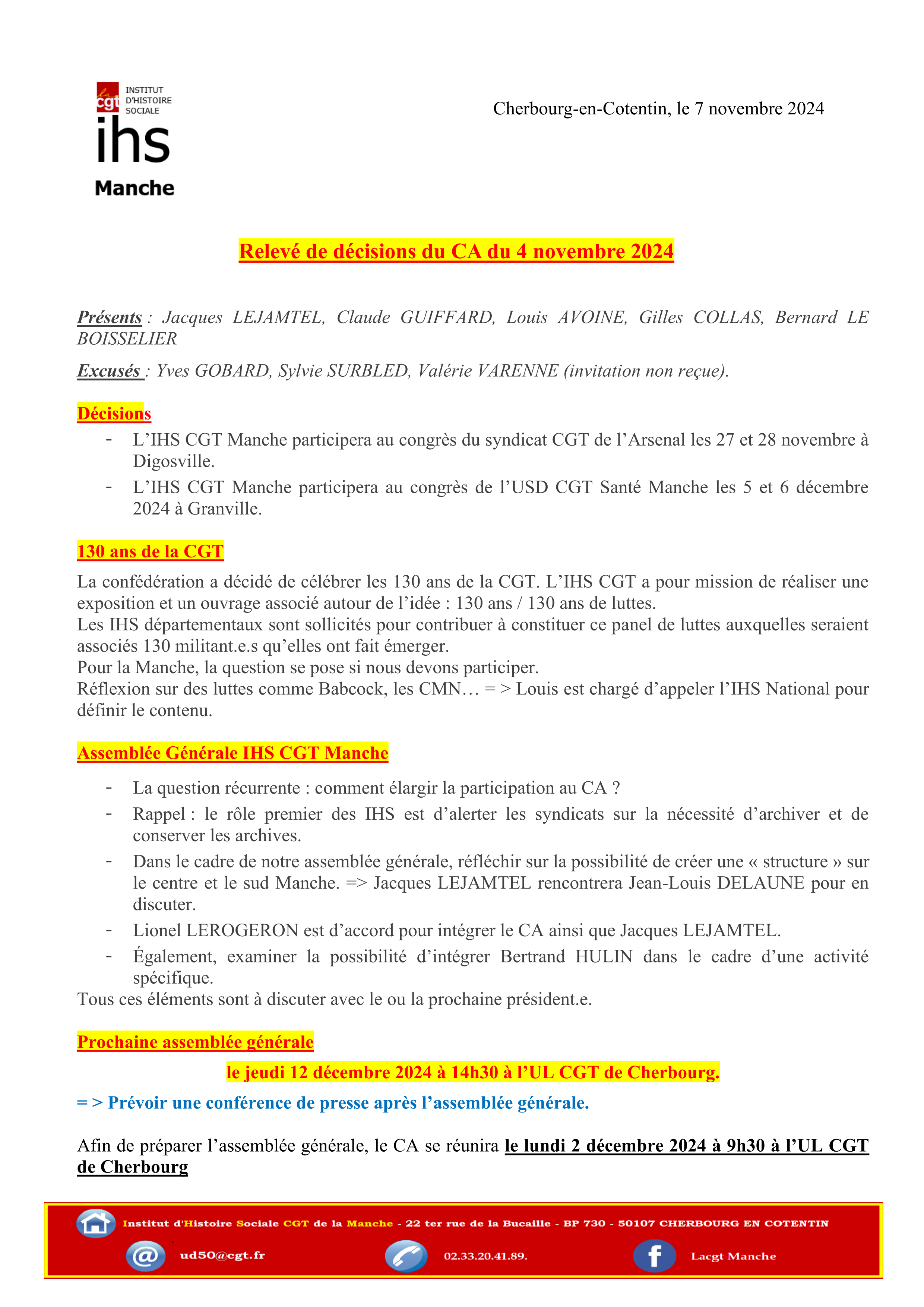 2024 11 07 Releve de decisions CA IHS CGT Manche du 4 novembre 2024